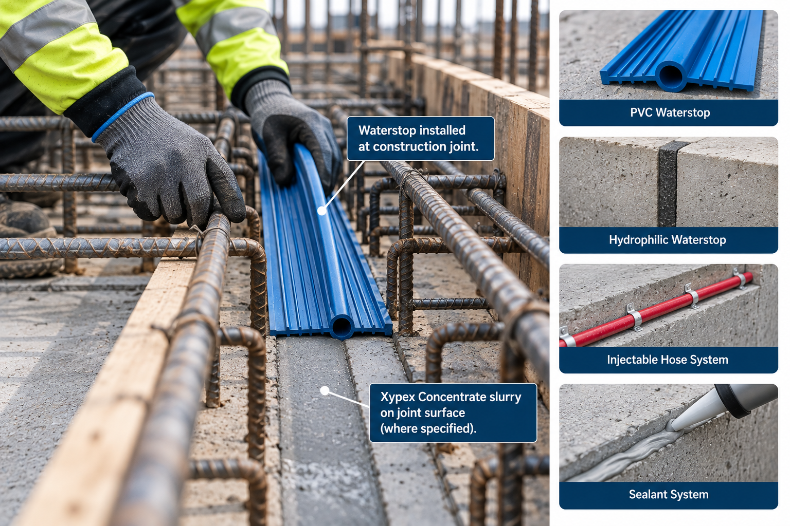 4. Install the specified waterstop or complementary joint system